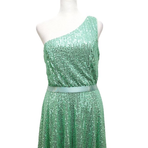 One-Shoulder Light Green Sequined Dress With Ribbon Waist Flowing Skirt Size M - Picture 5 of 12
